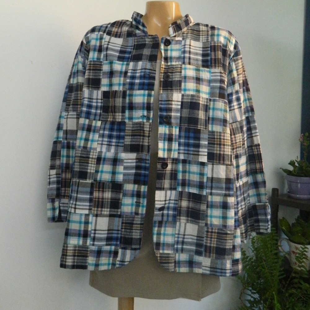 Tantrums Patchwork Plaid Shacket Women XL Blue Cotton Mandarin Collar 3/4 Sleeve